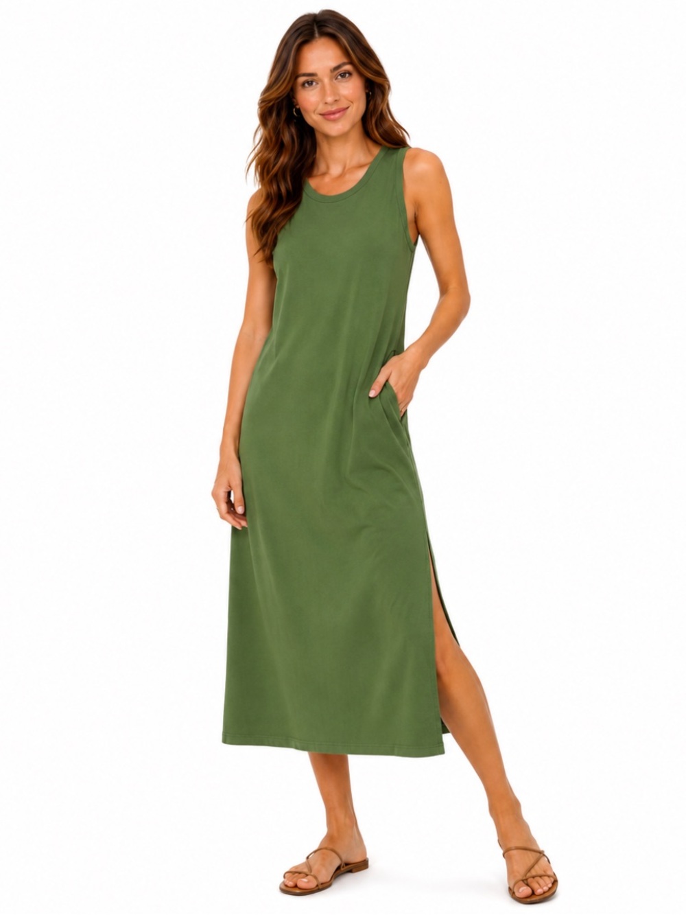 Athleta Green Supima Cotton Sleeveless Midi Dress — Size L